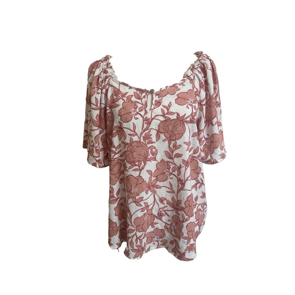 Adrienne Vittadini Women's L Pink & White Floral Short Sleeve Blouse Top